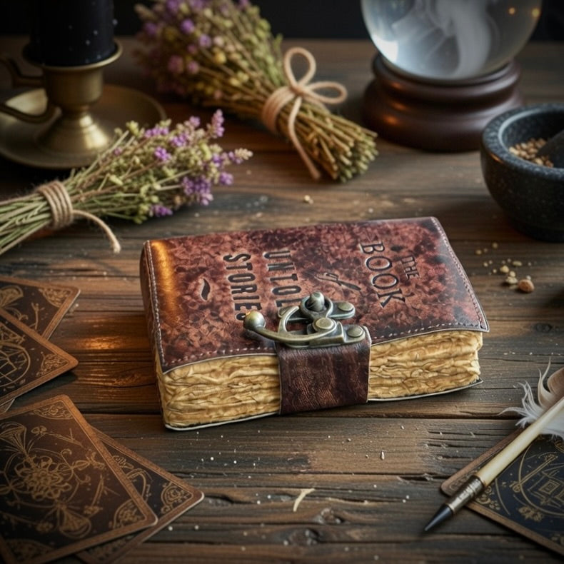 Little Book of Untold Stories, lying on old wood, with tarot cards and herbs and other witchcraft related items.