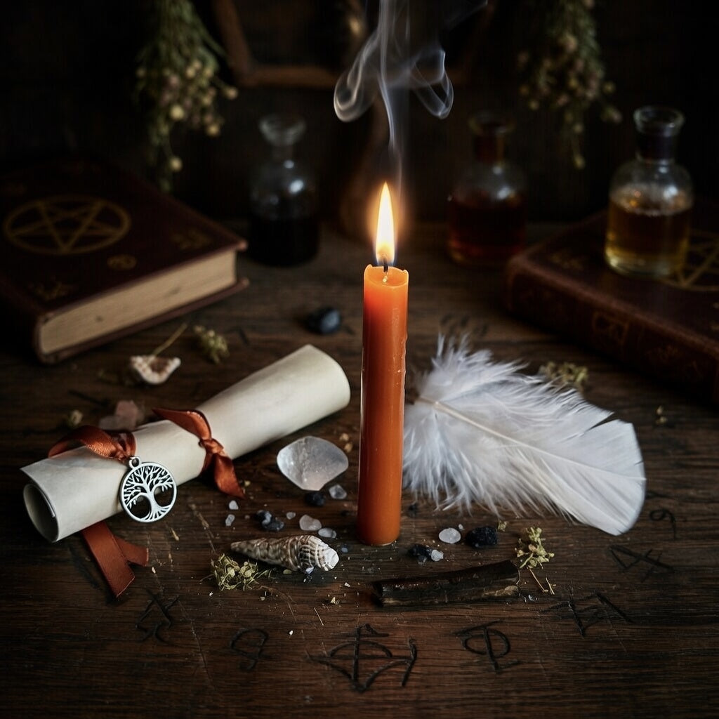 Boost energy spell casting candle with smoke, feather, rolled paper, and stones on a dark wooden surface with occult symbols.