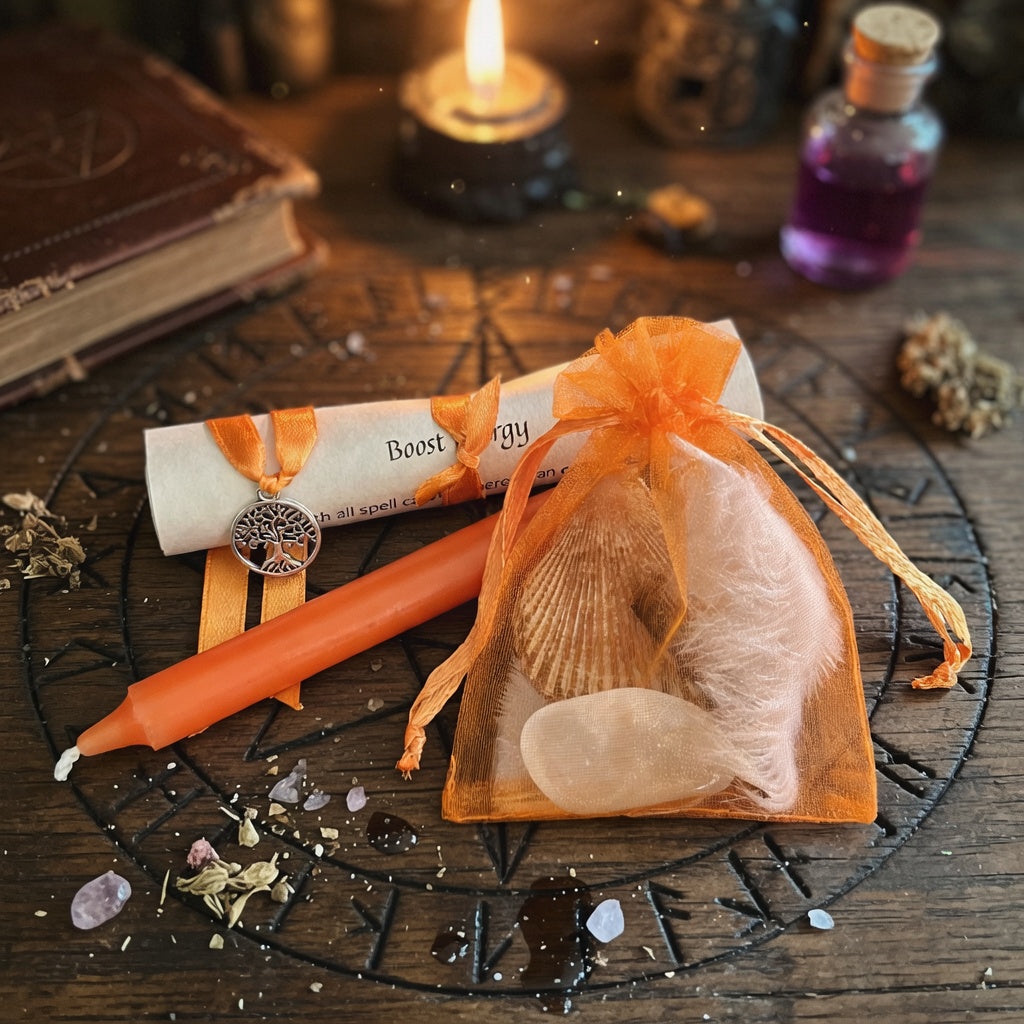 Boost energy spell kit with candle and scroll on carved wood surface with occult symbols