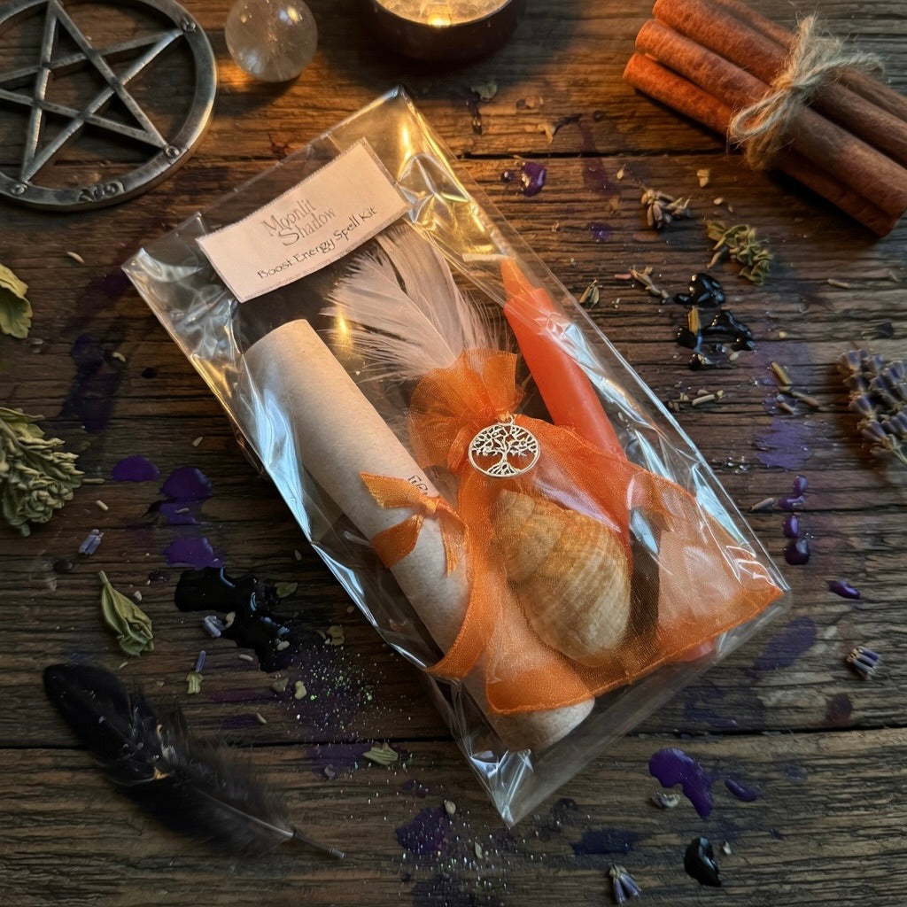 Moonlit Shadow boost energy spell kit, on a wooden surface with a sprinkle of herbs and witchcraft related items