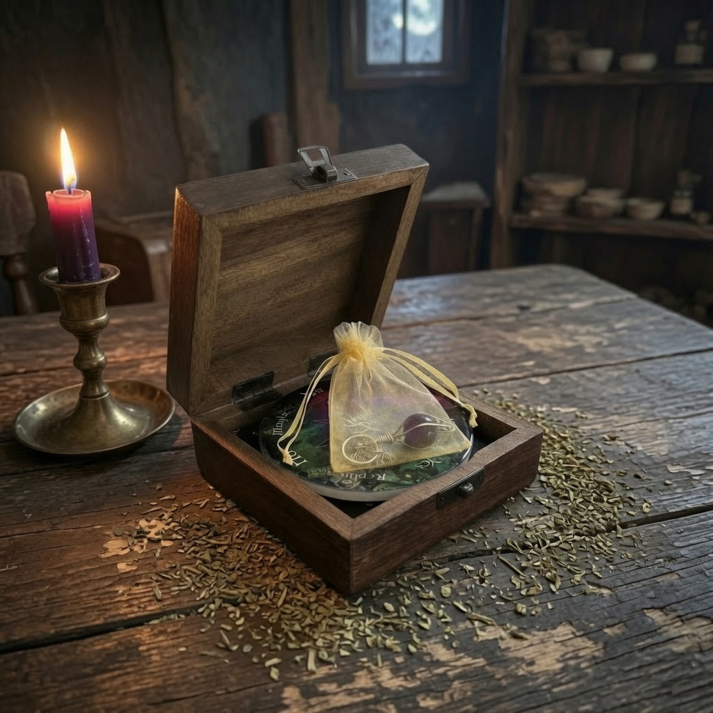 Decorative pendulum divination set with in its wooden box, surrounded by herb sprinkles and a candle