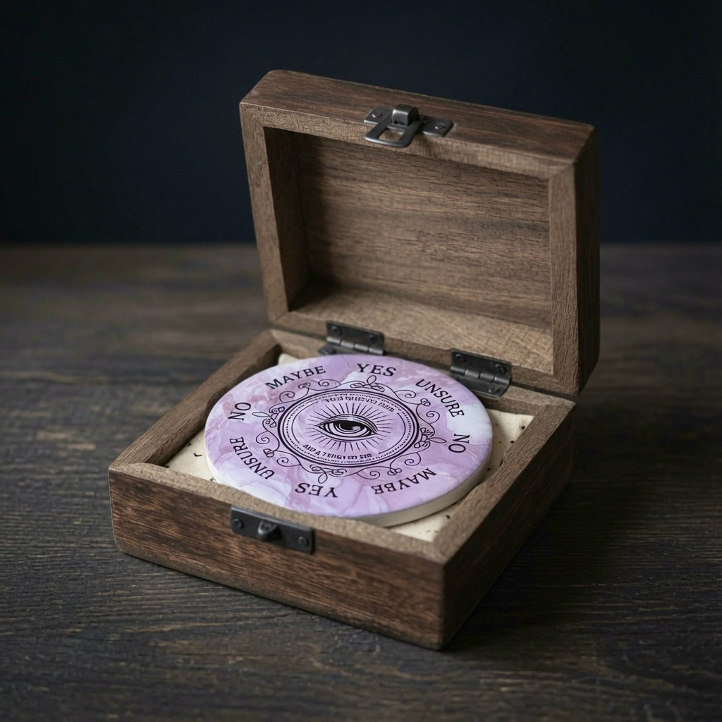 Pendulum divination gift set with cloth, pendulum board and carved wooden box, on a rustic wooden table