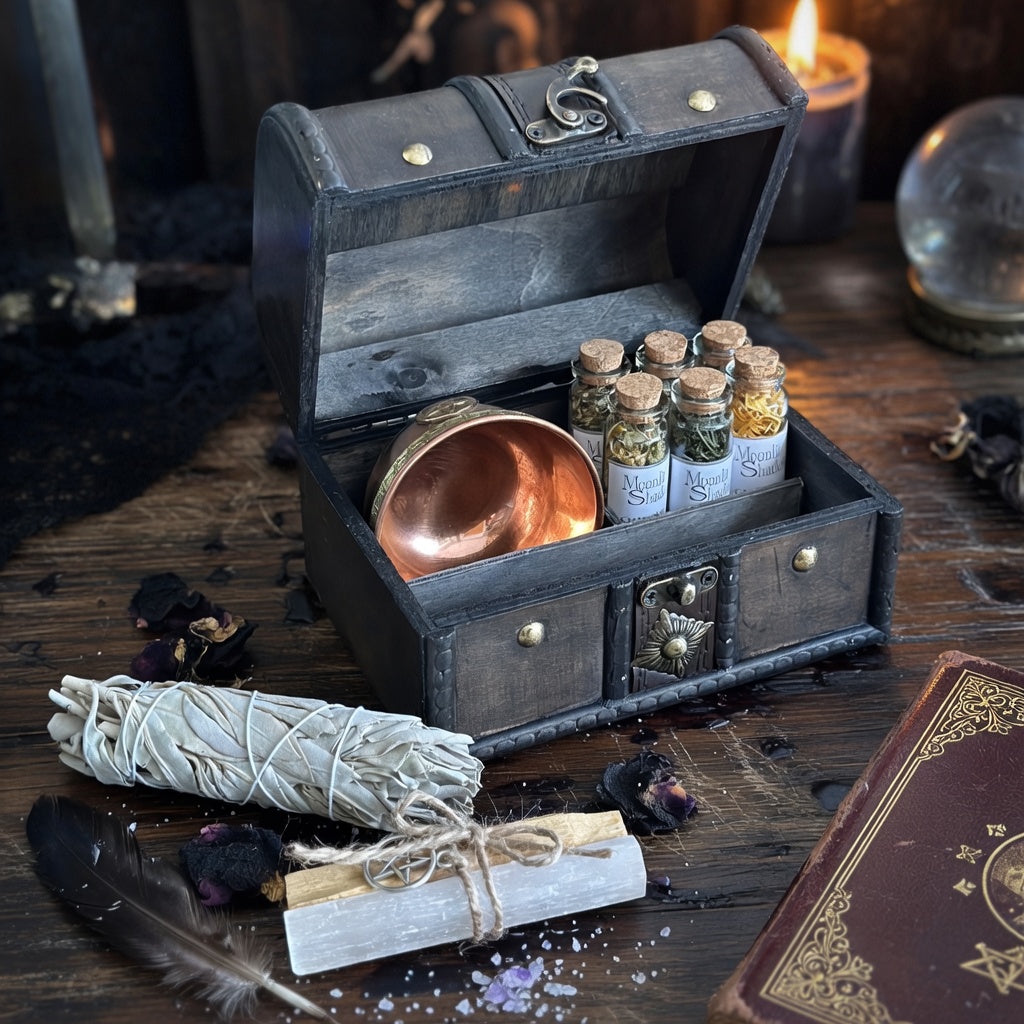 Boxed smudging gift set on wooden surface with book and sorcery items