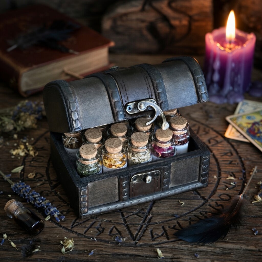 Decorative tiny chest with jars on an occult carved wooden surface with candles and books in the background
