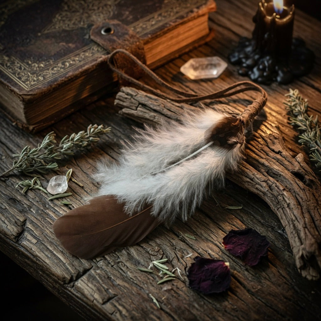 Smudging feather, herbs, and an old book on a wooden surface with a candle in the background