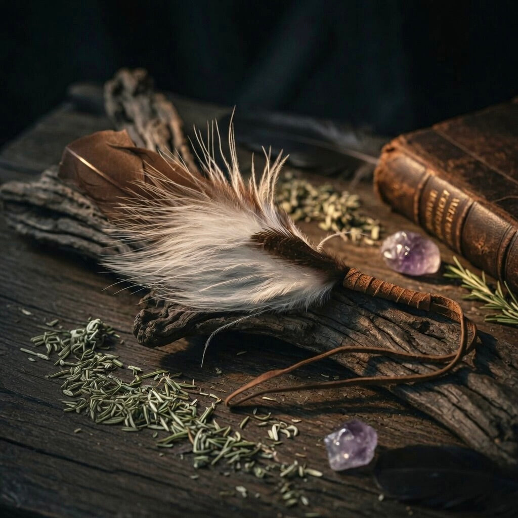 Smudging feather on wood, with herbs, and a book 
