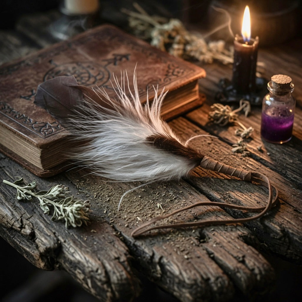 Smudging feather, books, and a candle on a wooden surface with a mystical or magical theme.