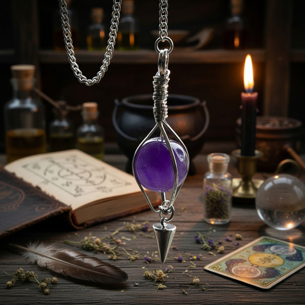 Amethyst crystal pendulum hanging over a wooden surface with books, bottles, and candles in the background