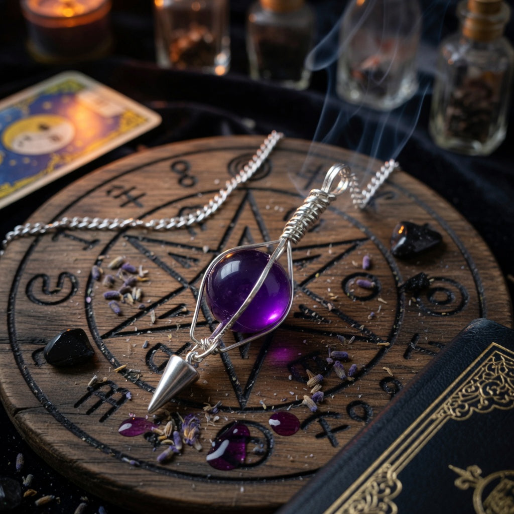 Amethyst pendulum on a carved wooden circle with tarot cards and bottles in the background