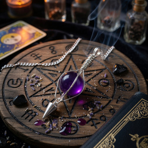 Amethyst pendulum on a carved wooden circle with tarot cards and bottles in the background