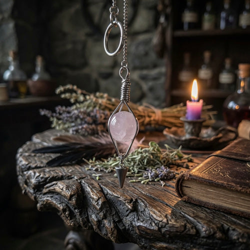 Rose quartz pendulum hanging over a wooden surface with books, candles, and herbs