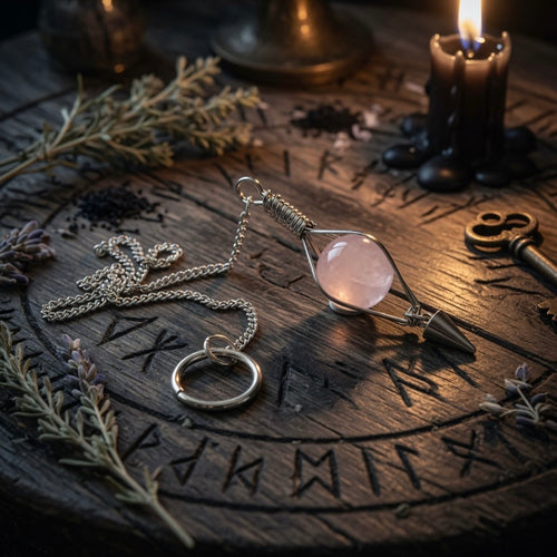Rose quartz pendulum with silver cage and chain, on a carved wood surface with herbs and a candle