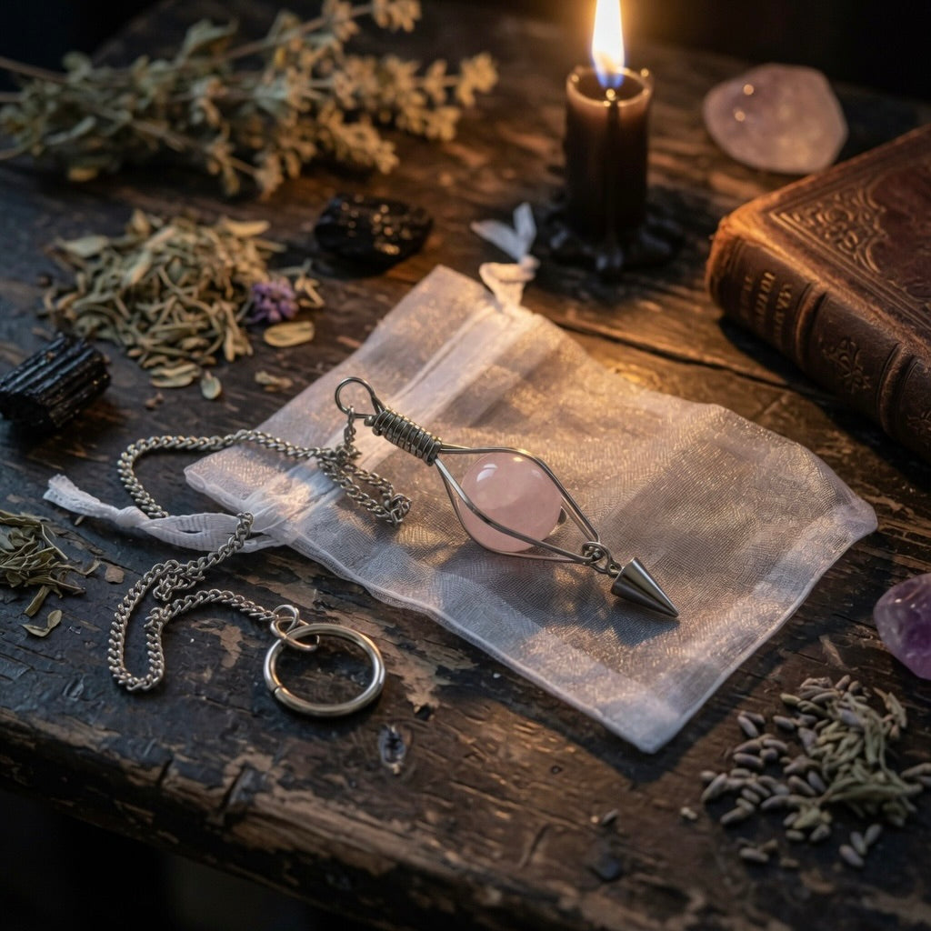 Rose quartz pendulum on a white pouch with herbs, candles, and books on a wooden surface