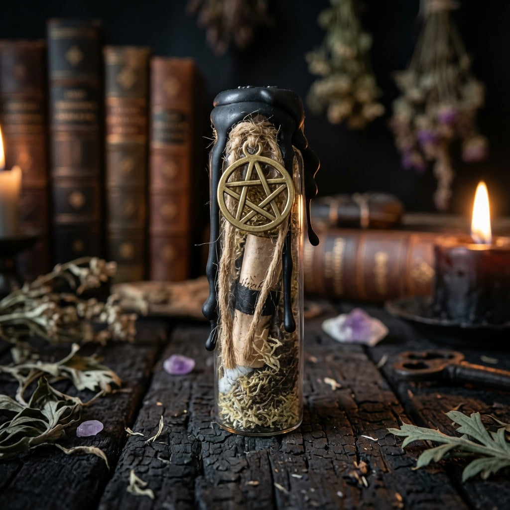 House blessing charm bottle, sealed with black wax and a pentagram symbol, on a wooden surface with books, herbs and a candle in the background