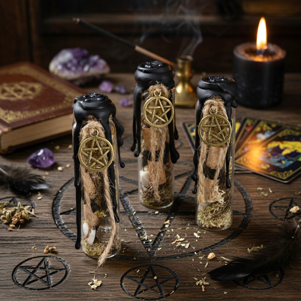 House blessing charm bottles, sealed with wax and a pentagram symbol, on a carved wooden surface with a book, tarot cards and candle in the background