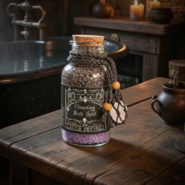 Cleansing bath spell jar with decorative label on a wooden table in a rustic setting