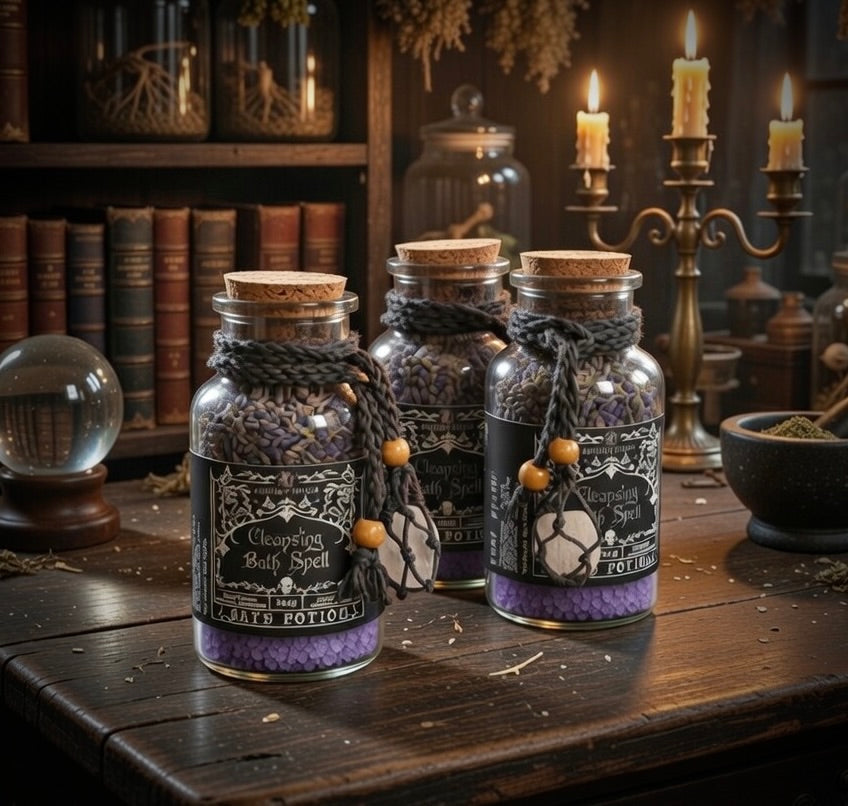 Three cleansing bath spell bottles with decorative labels on a wooden table in a rustic setting