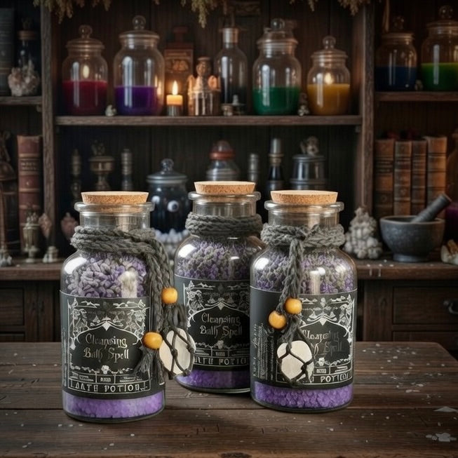 Three cleansing bath spell bottles with decorative labels on a wooden table in a with bottles and books on shelving behind