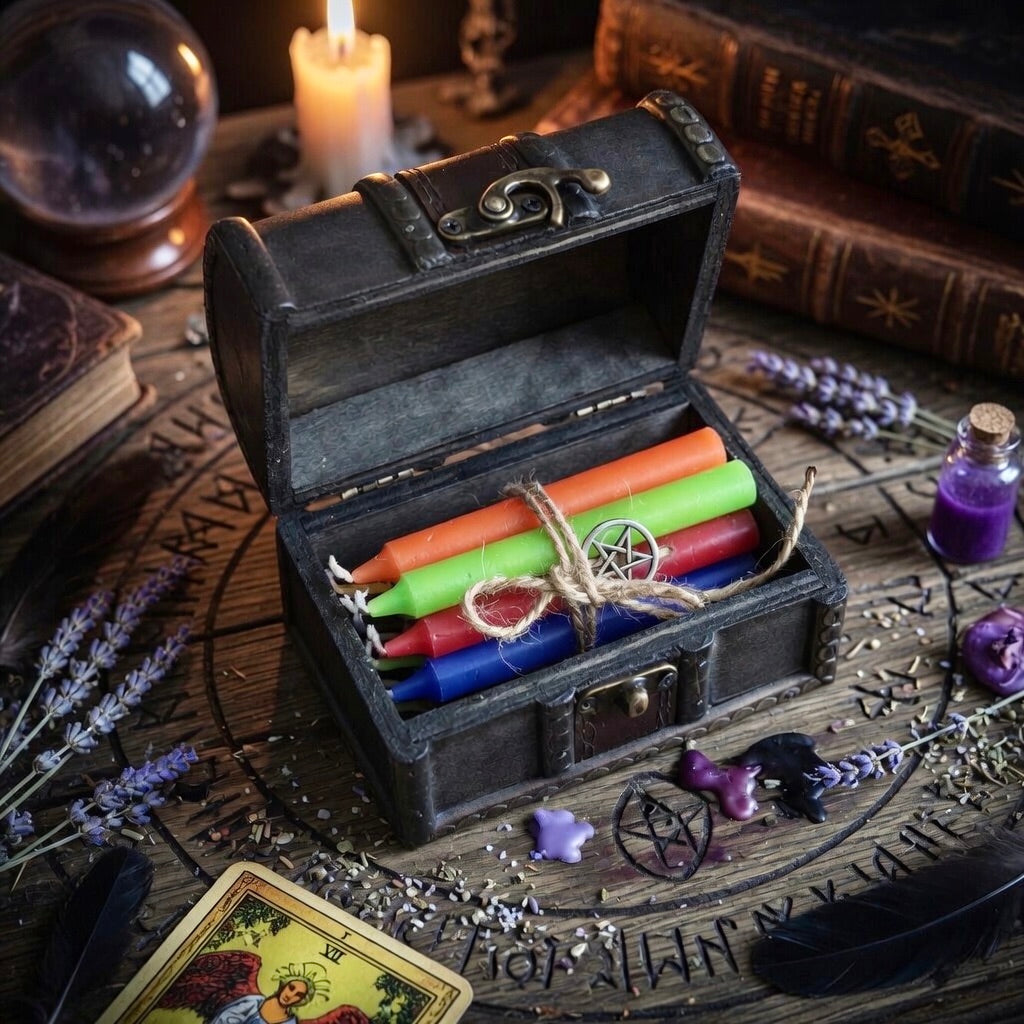 Wooden box with a bundle of twelve coloured spell candles, on a carved wooden surface with herbs, tarot card and a lit candle