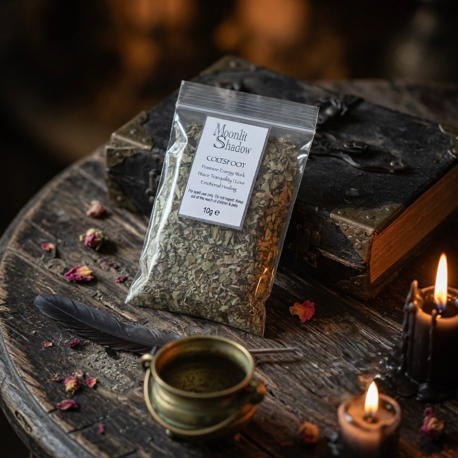 Packaged coltsfoot herbs on a wooden surface with candles and books in the background