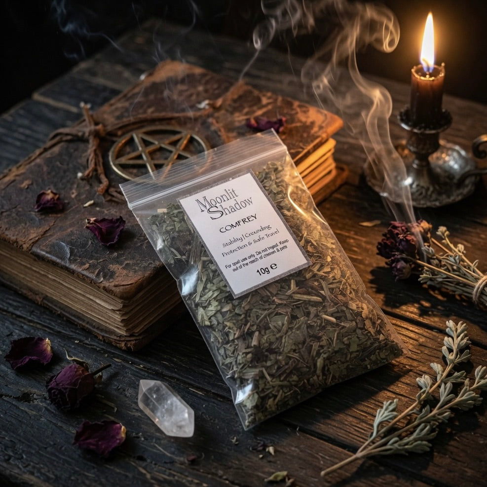 Packaged comfrey herbs labeled 'Moonlit Shadow' on a mystical setting with candles and books.