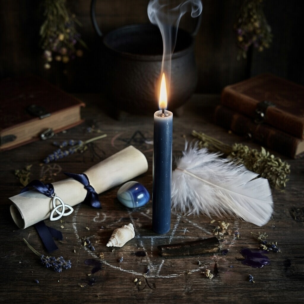 Communication spell casting with candle, scroll, feather, and other mystical items on a wooden surface.