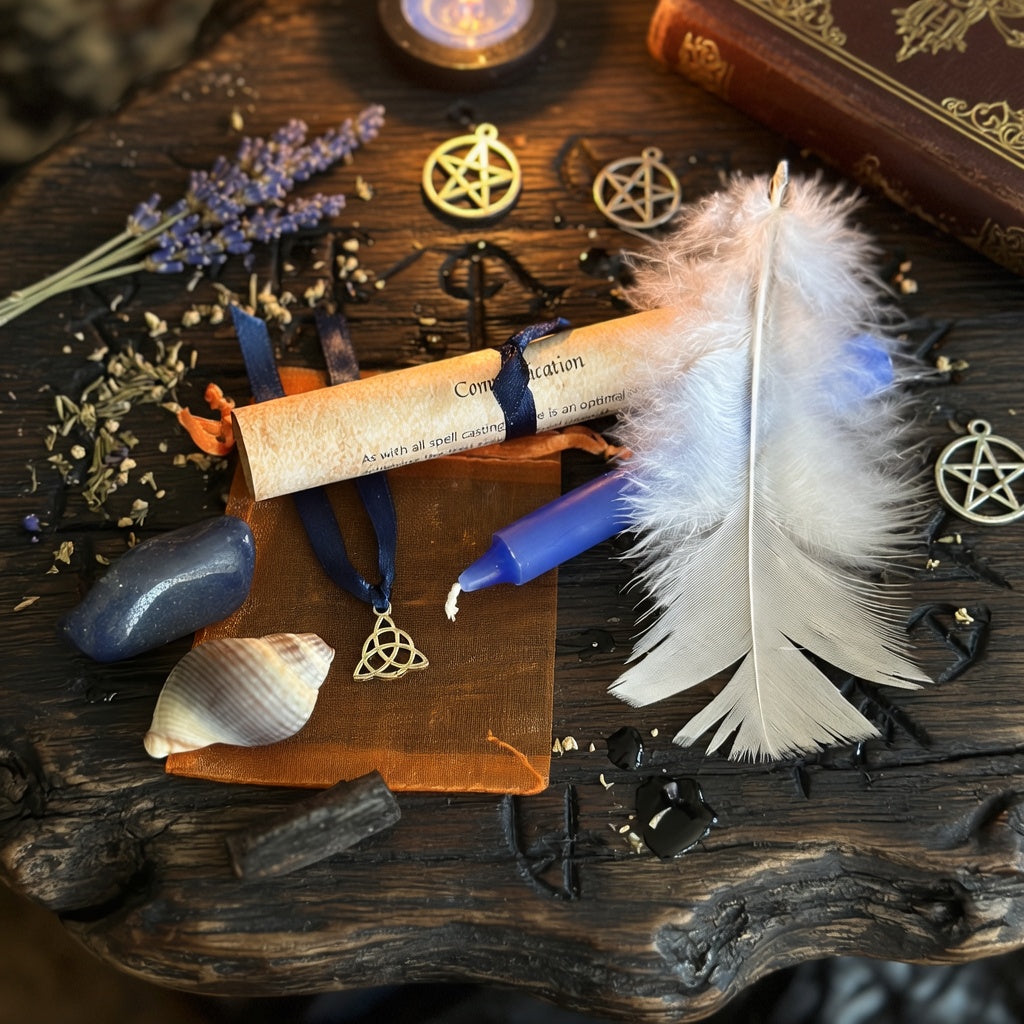 Witchcraft communication spell kit including a pentacle pendant, feather, and scroll on a carved wooden surface.