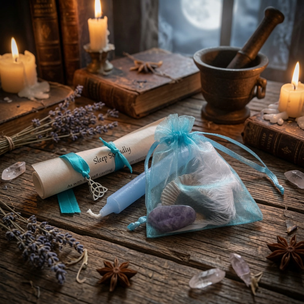 Sleep soundly spell kit with a blue drawstring bag, candles, and herbs on a wooden surface.