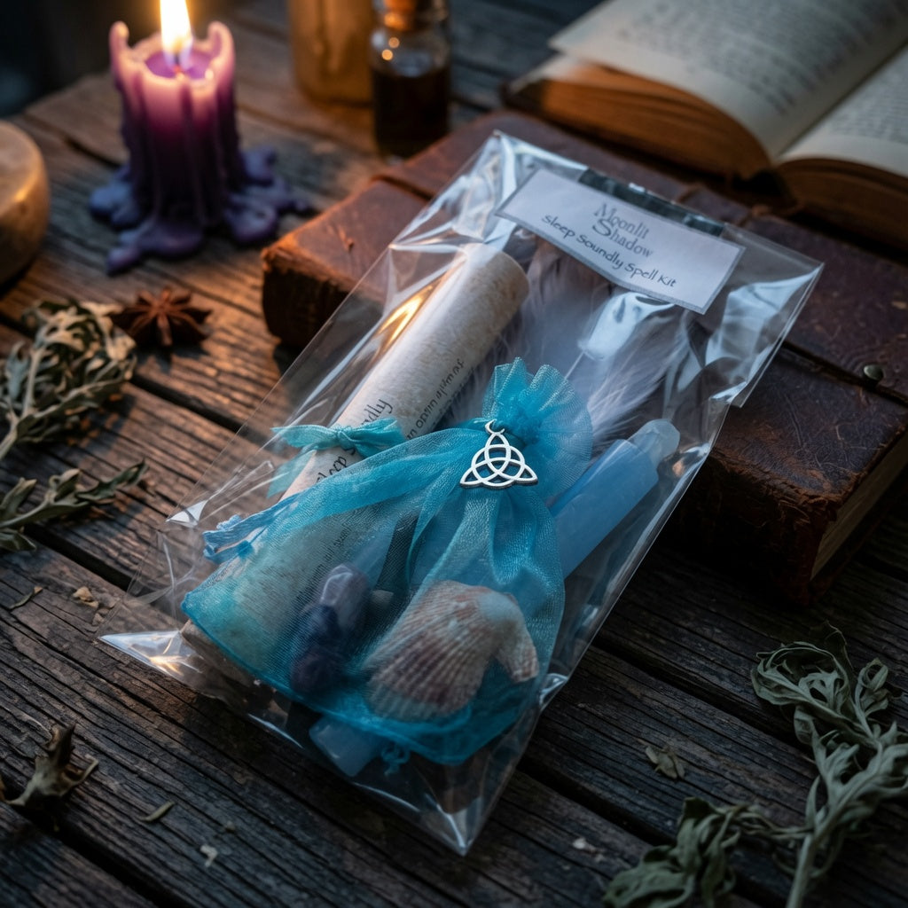 Packaged sleep soundly spell kit with scroll and blue candle, on a wooden surface with herbs and witchcraft related items