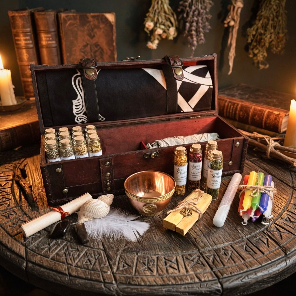 Witchcraft gift set with wooden box, herb bottles, spell candles and other witchcraft items on a carved wooden surface, with books, candle and herbs in the background.