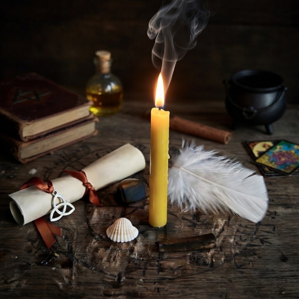 Confidence spell casting with lit yellow candle, scroll, feather and shell. On a rough scored wooden surface