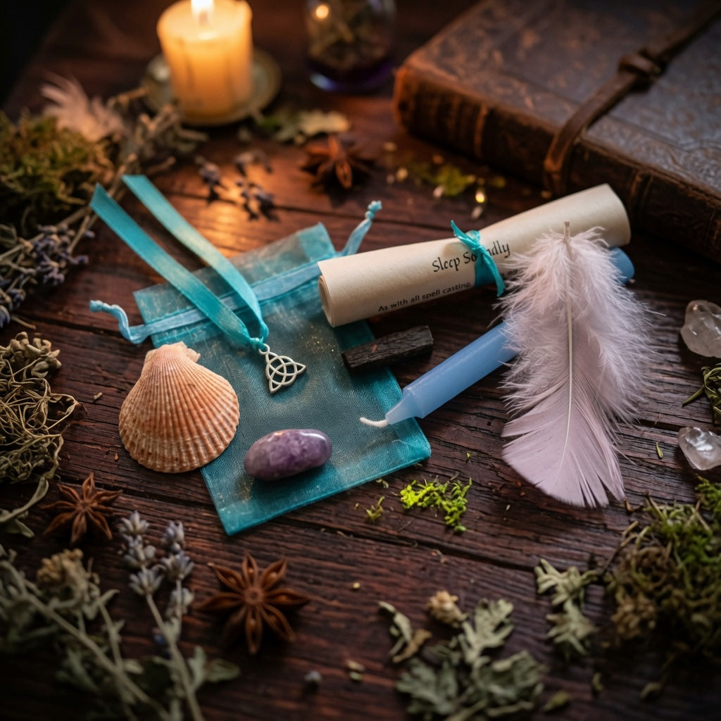 Sleep soundly spell kit contents. Scroll, blue candle, feather and shell on a wooden surface with herb sprinkles and a book and candle