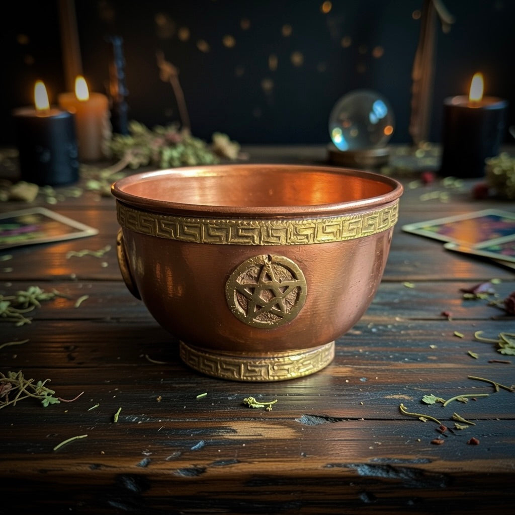 Copper ritual bowl with pentagram design on a wooden table with candles and crystals