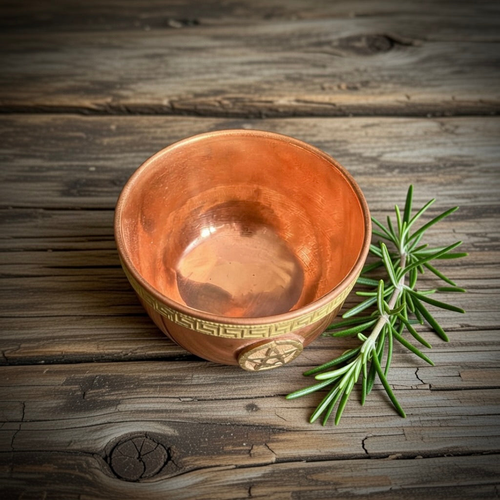 Copper smudge bowl with decorative patterns on a wooden surface, accompanied by a sprig of rosemary.