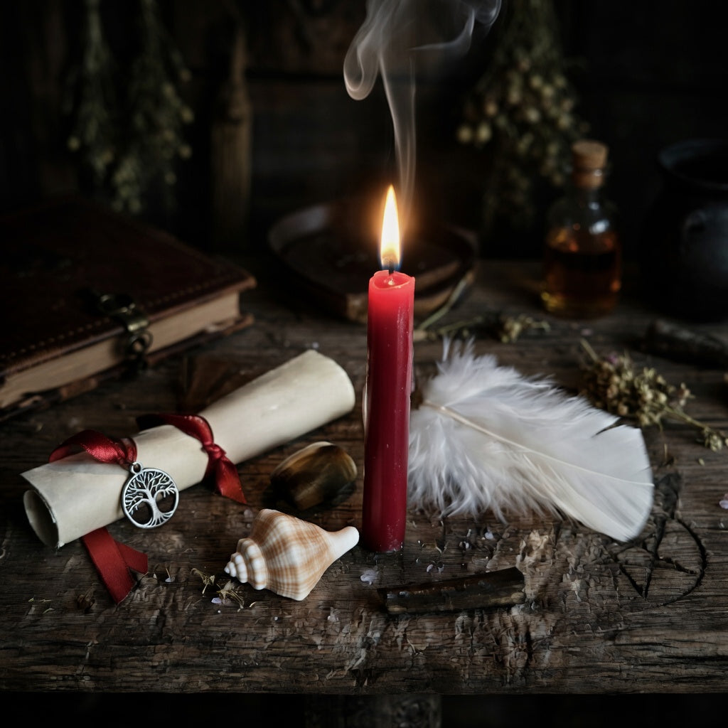 Courage spell casting with candle with smoke, rolled paper, feather, shell, and book on a wooden surface.