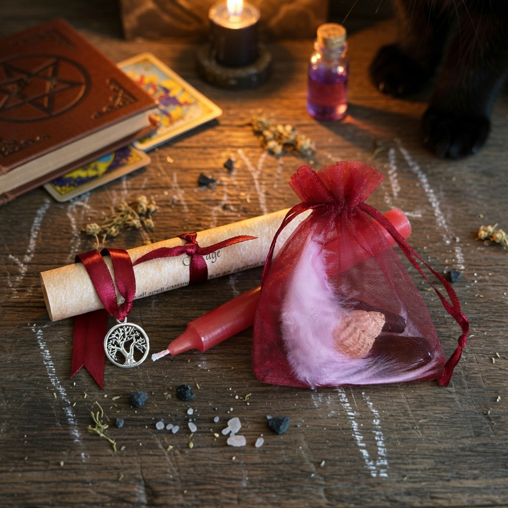 Complete courage spell kit for witchcraft beginners, pn rustic wood tabke with bookand candle
