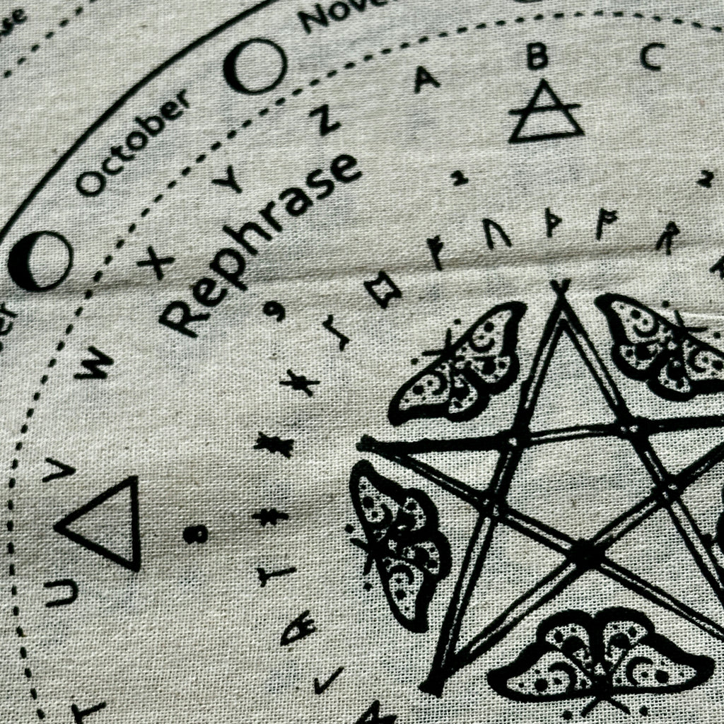 Decorative mystic moth design with moth, symbols, and text on a textured background