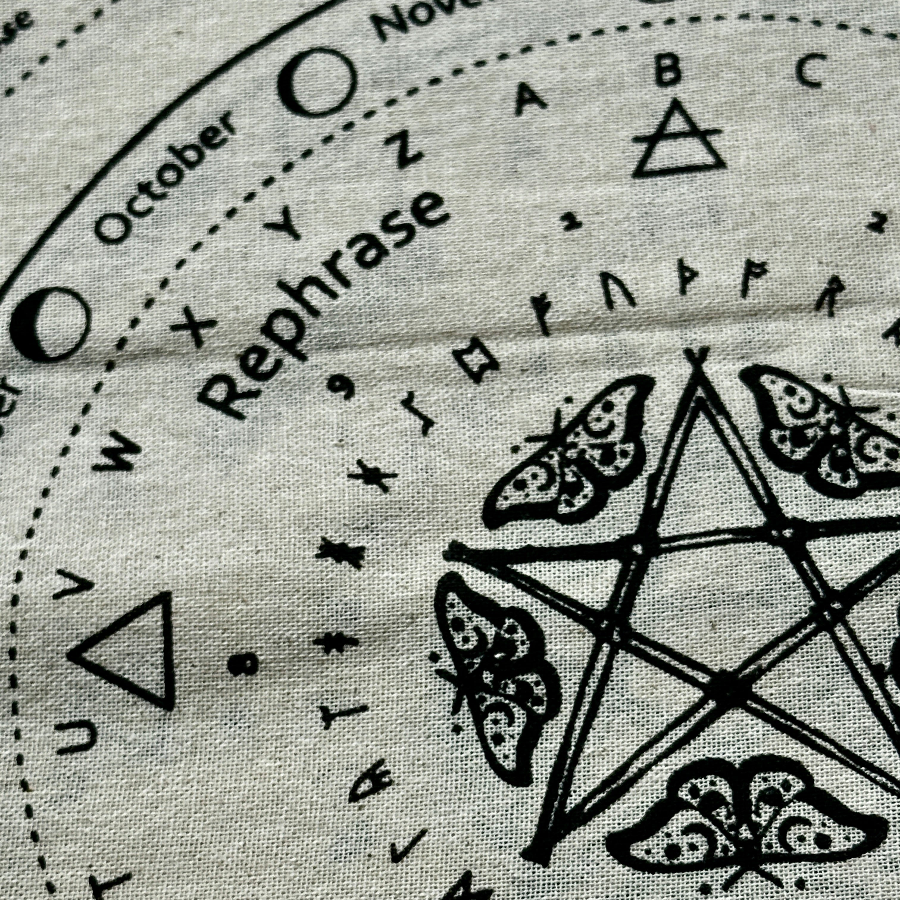 Decorative mystic moth design with moth, symbols, and text on a textured background