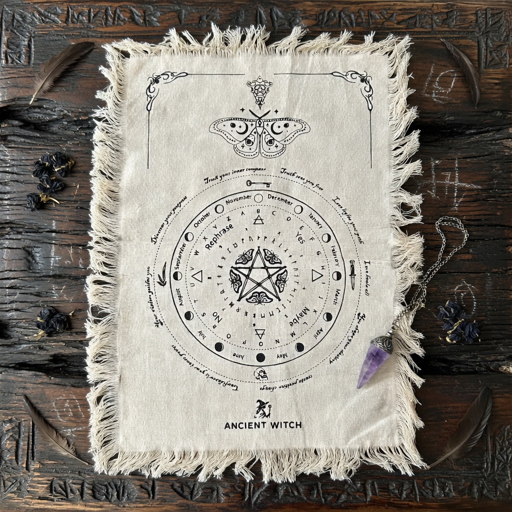 Mystic moth design natural cotton pendulum divination cloth, on a wooden surface, featuring the brand 'Ancient Witch'.