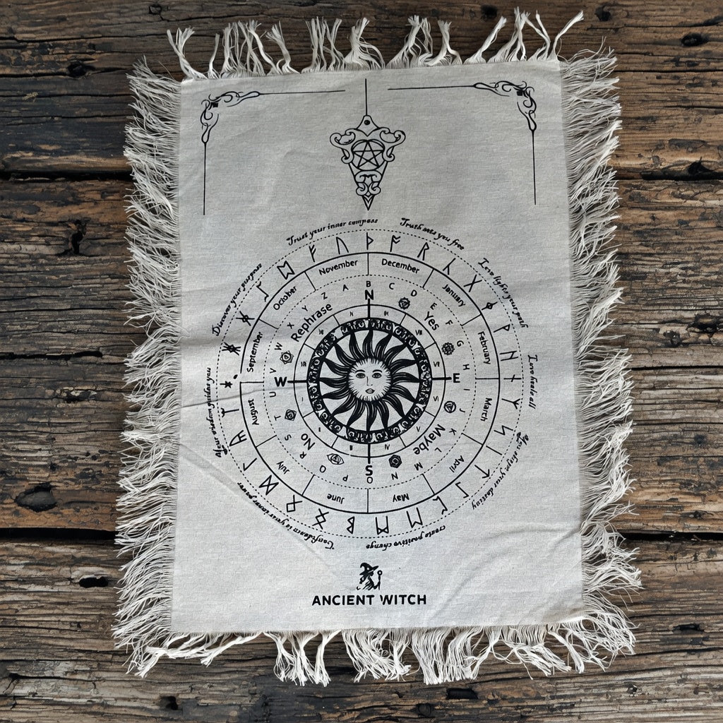 Cream sun face divination cloth on a wood surface