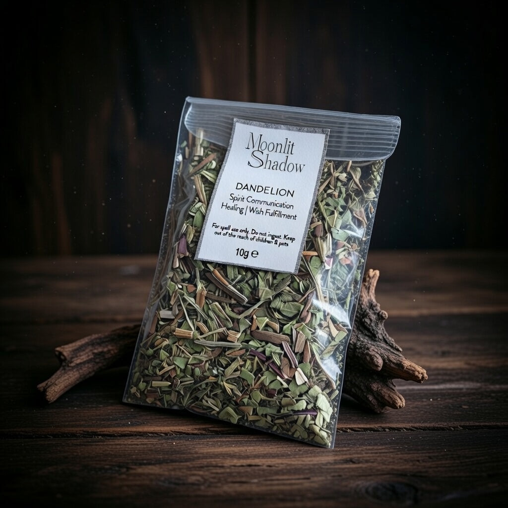 Packaged dandelion spell herb with 'Moonlit Shadow' label on a wooden surface