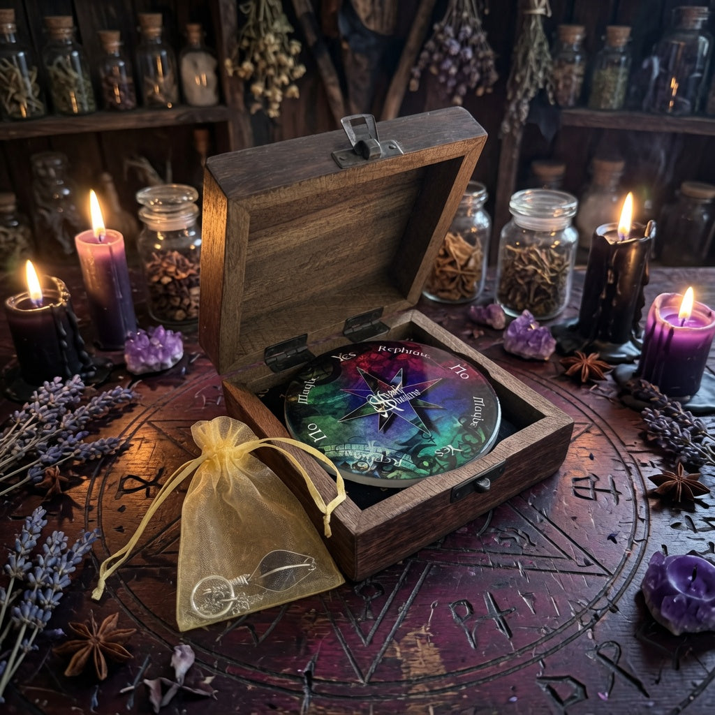 Pendulum divination gift set with moonlit shadow design ceramic board, surrounded by herbs and witchcraft related items