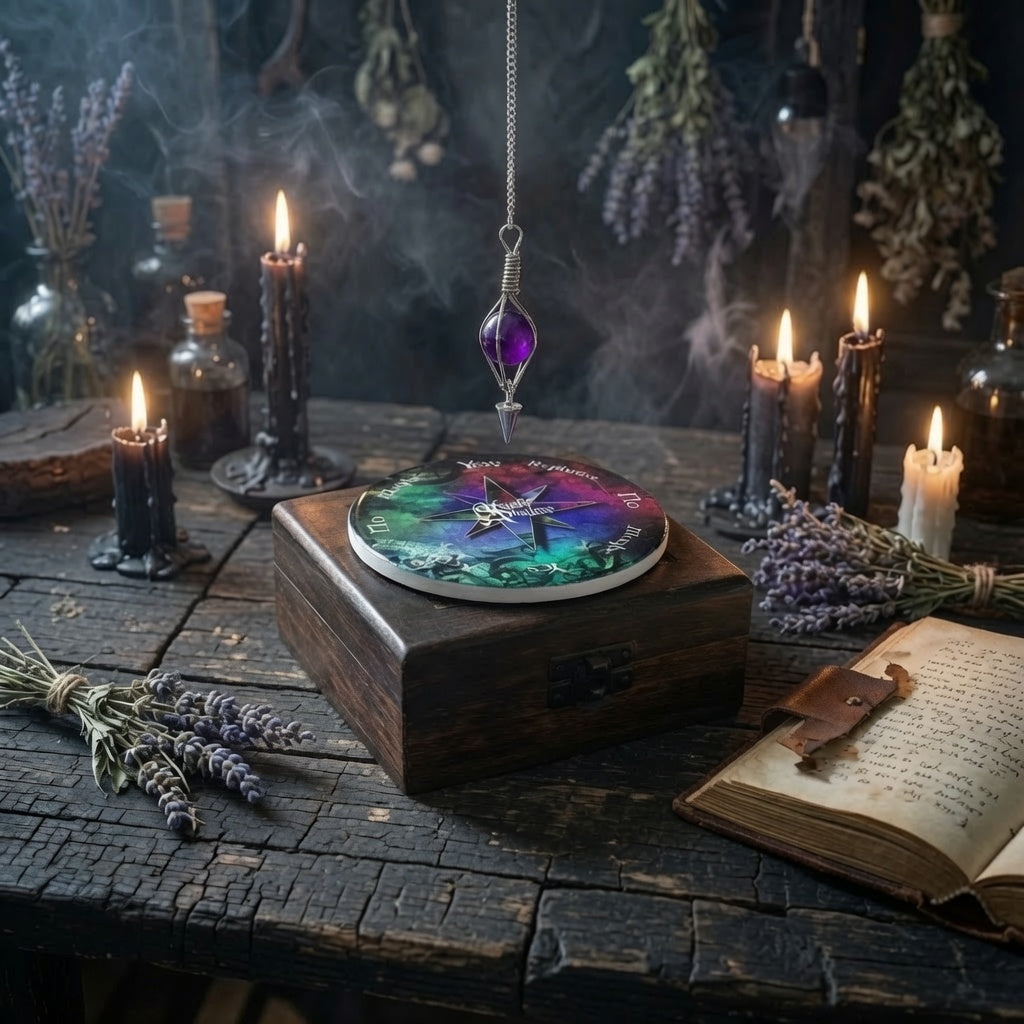 Pendulum divination gift set in use. On a wooden box surrounded by herbs a book and candles.