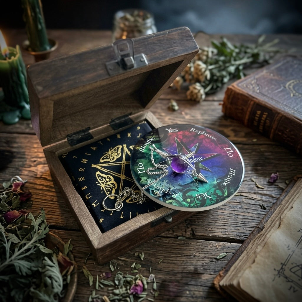 Decorative pendulum divination set with moonlit shadow design on a wooden box surrounded by herbs and books on a rustic surface.