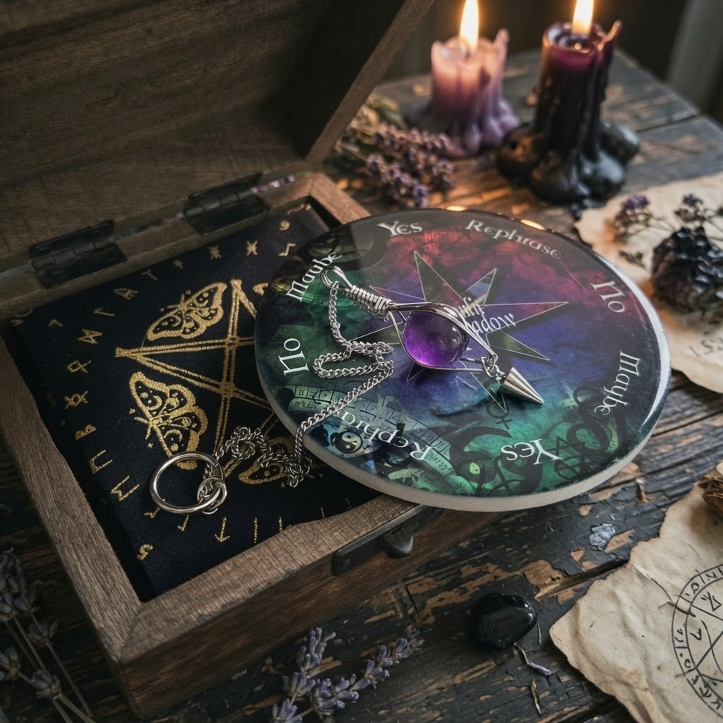 Divination set with ceramic yes/no board and amethyst pendulum, on a wooden surface with candles and herbs.