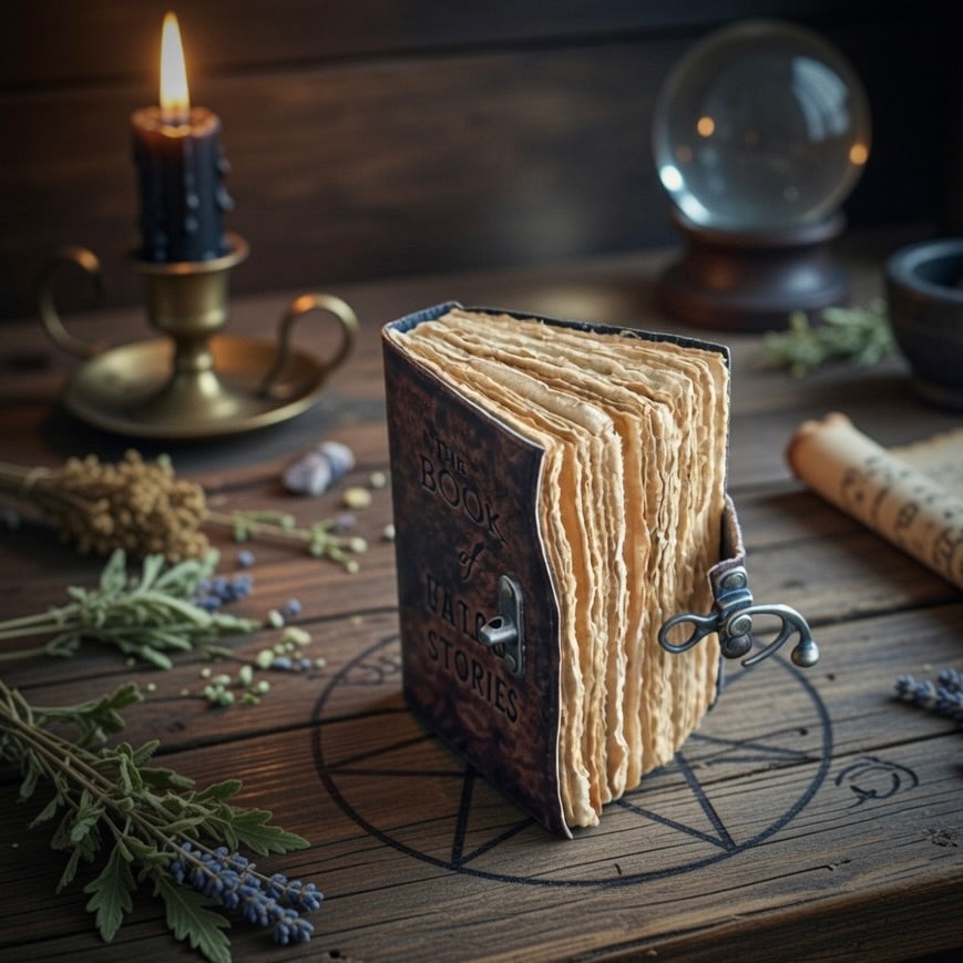 Open deckled edged pages of the book of Untold Stories, standing on old wood, with a candle and herbs