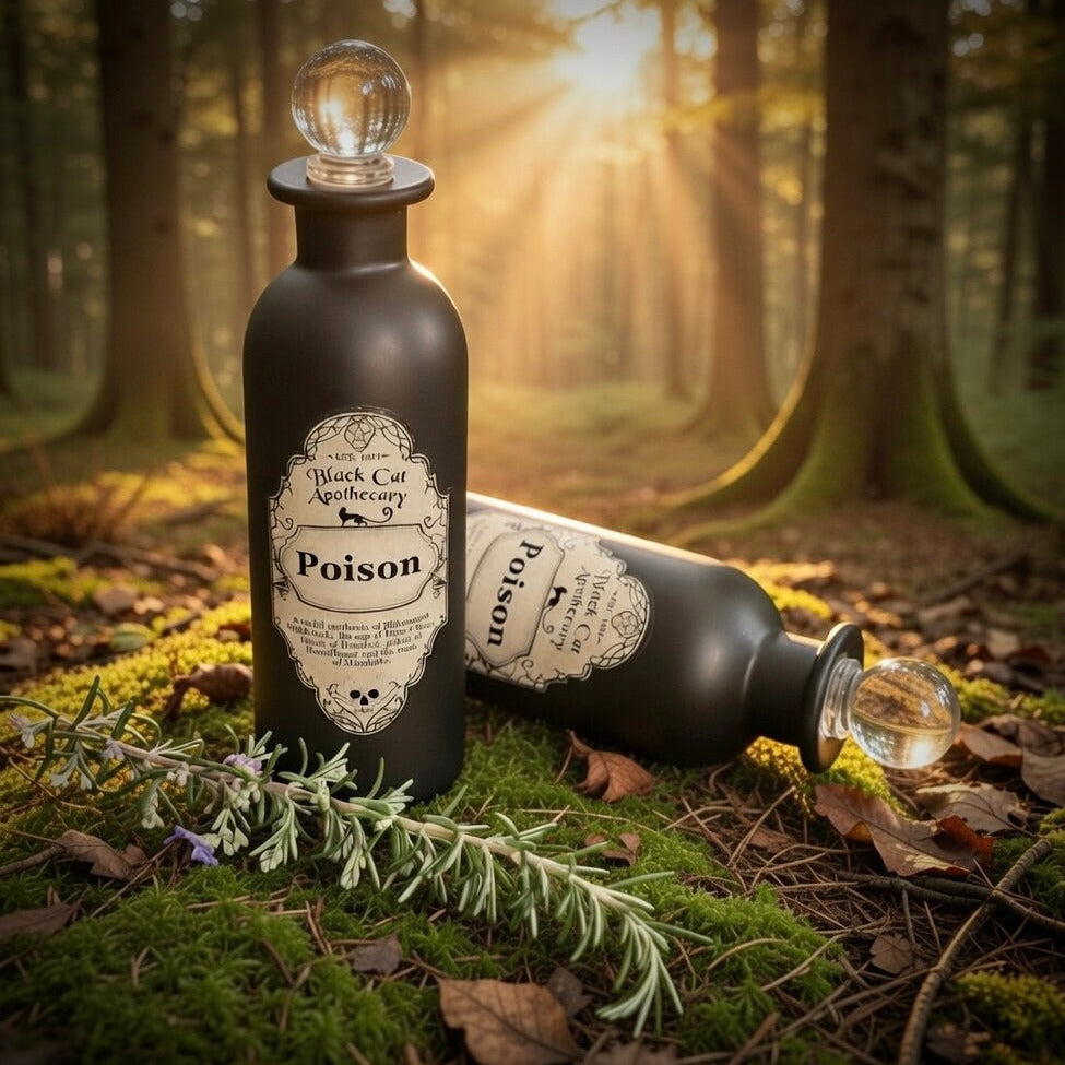 Decorative black bottles with poison on the label,with glass stoppers, in a natural woodland scene