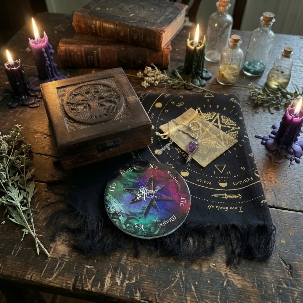 Decorative pendulum divination set with moonlit shadow design with wooden box surrounded by herbs and books on a rustic surface.