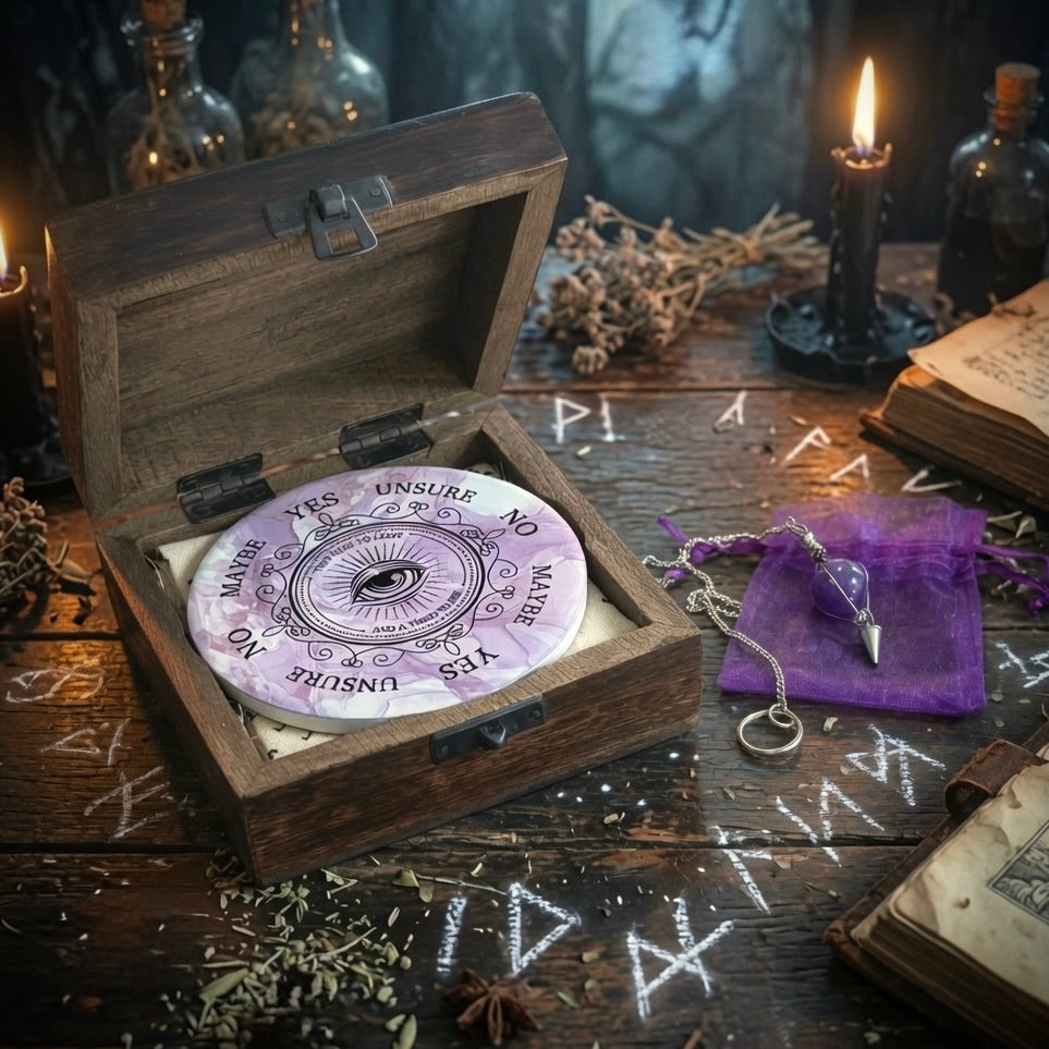 Wooden box with a porcelain pendulum board object inside, surrounded by candles and books on a dark wooden table.