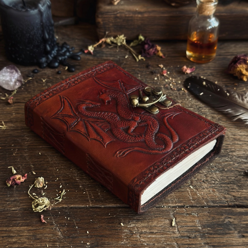 Leather book of shadows journal with dragon embossing on a wooden surface with mystical items.